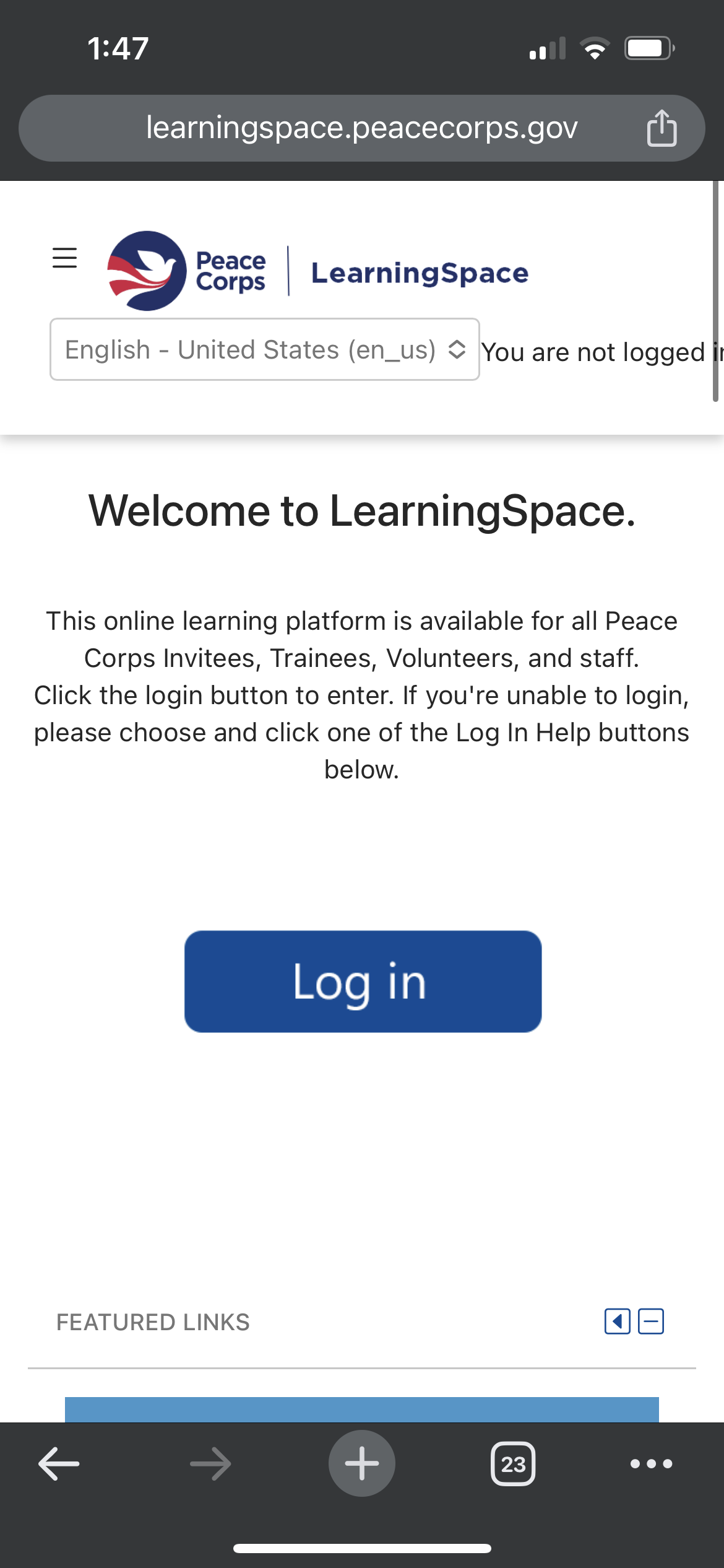 Mobile device LearningSpace log in screen
