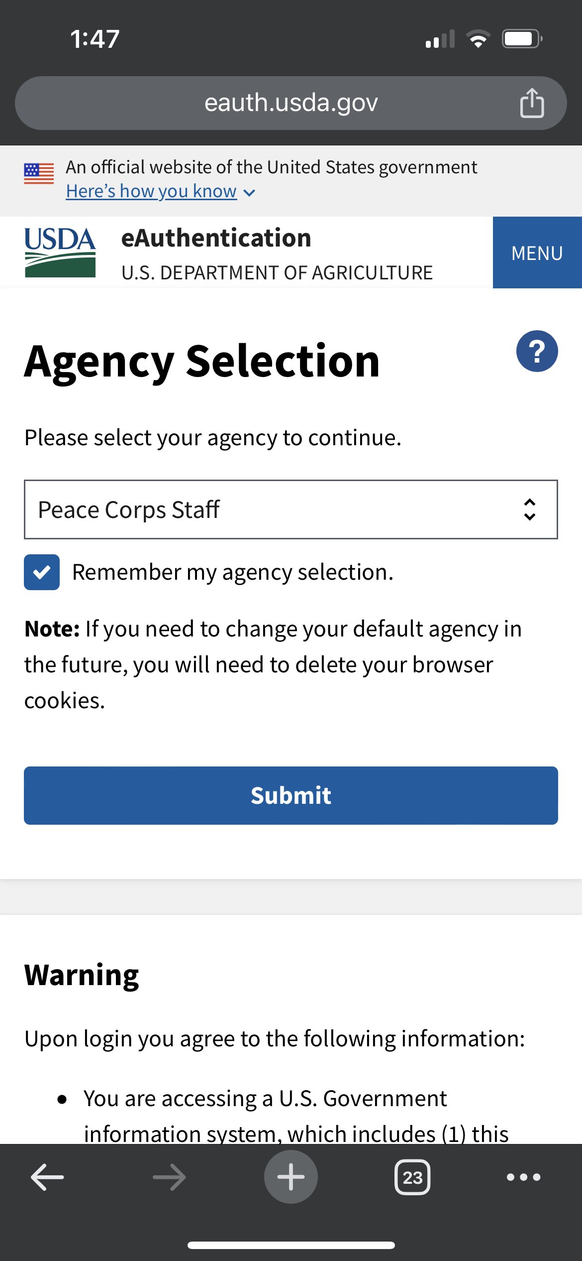 Mobile device USDA eAuth log in screen