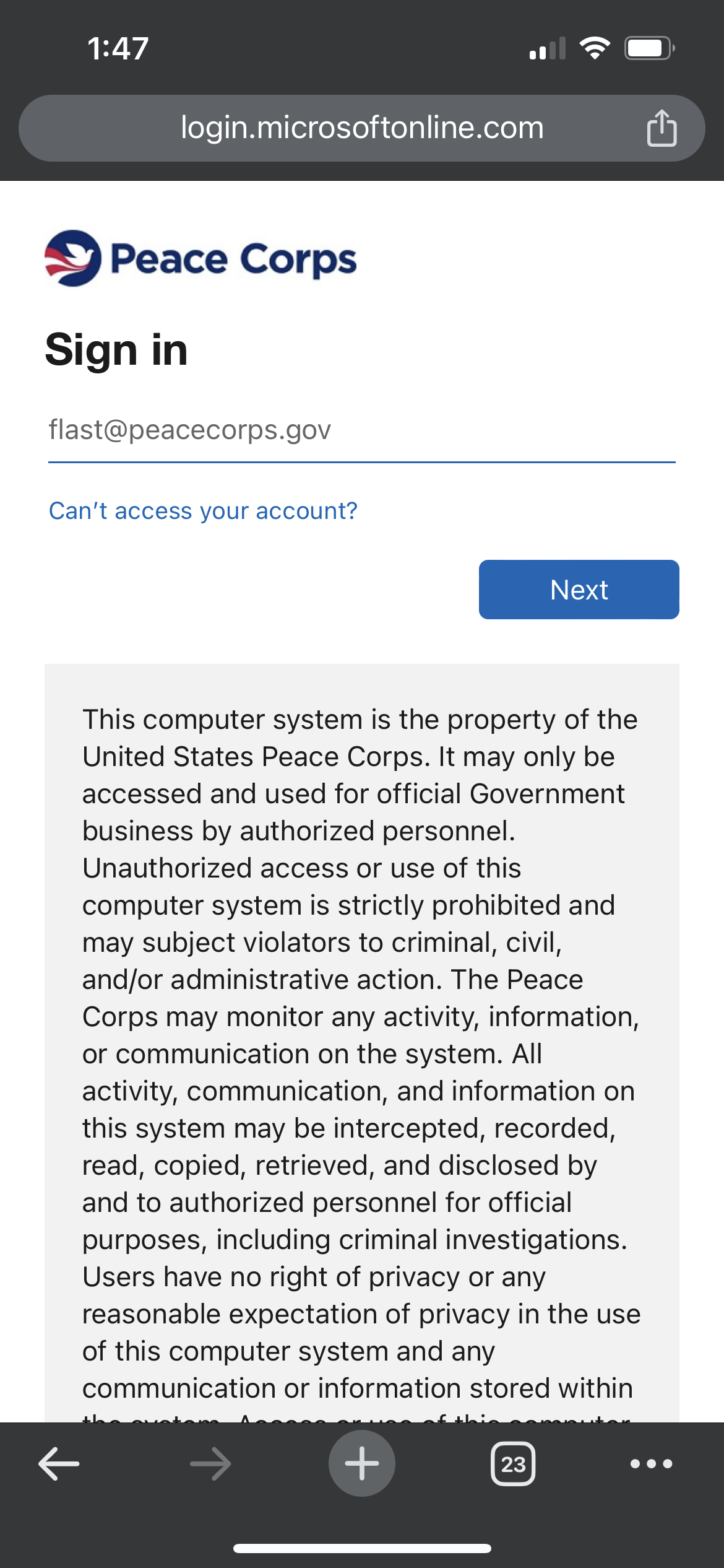 Mobile device Peace Corps system log in