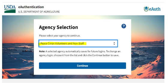 eAuth screen shot: Peace Corps Volunteers and Non-staff